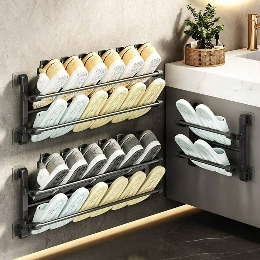 Wall-Mounted Shoe Rack, No Drilling Required, Double-Layer Bathroom/Toilet Shoe Storage Rack With Drainage Function, Space-Saving Folding Design - Black - View 1
