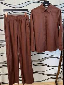 Women's Cotton And Linen Shirt And Pants Set - Coffee Brown - View 4