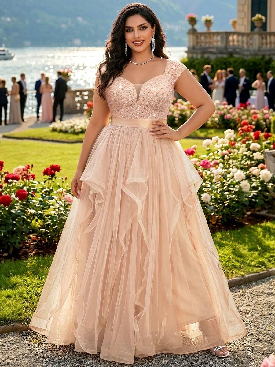 Plus Size Deep V-Neck Sequin Lace Contrast Mesh Ruffle Hem Elegant Evening Party Long Dress, Wedding Guest Dress, For Homecoming, Graduation