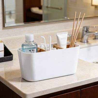 1 chiếc giỏ đựng đồ chia ngăn tối giản bằng nhựa và gỗ, lý tưởng để đựng mỹ phẩm, bàn chải đánh răng, sản phẩm chăm sóc da, phù hợp cho phòng tắm và bàn làm việc.