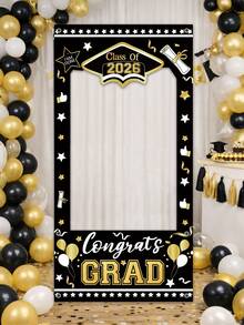 1pc 2026 Graduation Class Photo Frame, Congratulations Graduate Photo Prop, 120*60cm Vinyl Backdrop, Graduation Celebration Decor, Graduation Party Supplies, Graduation Home Decor, Holiday Party Background Decoration - Black and Gold - View 8