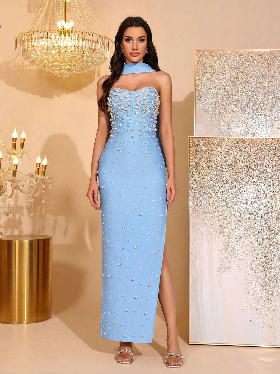 Elegant Pearl Decor Side Slit Strapless Bridesmaid Dress, Holiday Party Bandage Dress - Baby Blue - View 1