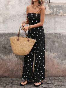 Women's Spring Summer Fashion Retro Polka Dot Sleeveless Strapless Jumpsuit, European & French Style Elegant Casual Outfit - Black - View 3