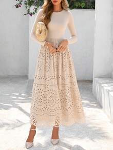 Women Casual Eyelet Long Sleeve Crewneck A-Line Boho Maxi Dresses Spring Autumn Hawaii Wedding Guest Holiday Vacation Long Dress Pockets Outfits - 米色 - 查看 4