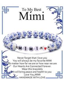 1 chiếc vòng tay hạt gốm màu xanh trắng với mặt dây chuyền chữ "Nana Mimi Mama Grandma", kèm thiệp chúc phúc, vòng tay men ngọc bích là món quà tuyệt vời cho Ngày của Mẹ, Giáng sinh, Ngày Valentine. - Màu xanh lam - Xem 14