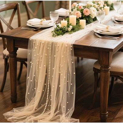 1 Pack Large Sheer Pearl Sheeting Fabric Tablecloth - Luxury Champagne Drapery Suitable For Wedding, Valentine's Day, Party Decor - Elegant Sheer Table Cover, Durable & Easy-Care, Rectangular Machine-Made Table Covering