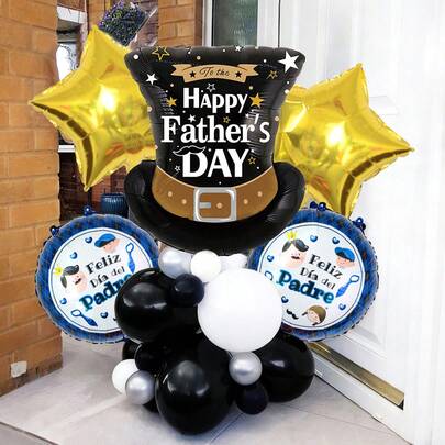 Bộ 23 bóng bay trang trí Ngày của Cha, gồm bóng bay hình mũ đen 18 inch, bóng bay tròn, bóng bay hình ngôi sao vàng, bóng bay cao su đen trắng bạc dùng để trang trí tiệc Ngày của Cha.