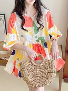 YUXIN Spring & Summer Essential! Women's Loose Babydoll Blouse, Featuring Colorful Prints And Unique Ruffle Cuffs, 3/4 Sleeves Design For Cooler Wear, Fashionable And Comfortable! - Red and Yellow - View 5