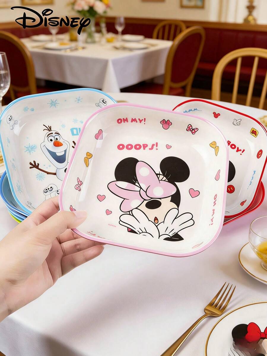 Disney 1个750毫升卡通方形密胺餐盘，适用于盛放冷热食物，耐热餐具，可爱创意家用餐盘，可用作菜盘/水果盘/饭盘等，米奇米妮造型方形餐盘 - 彩色 - 查看 1