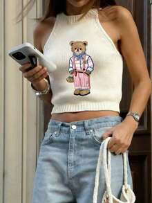 Áo vest cổ yếm dệt kim họa tiết gấu retro | Áo croptop dễ thương cho bé gái - trắng - Xem 1