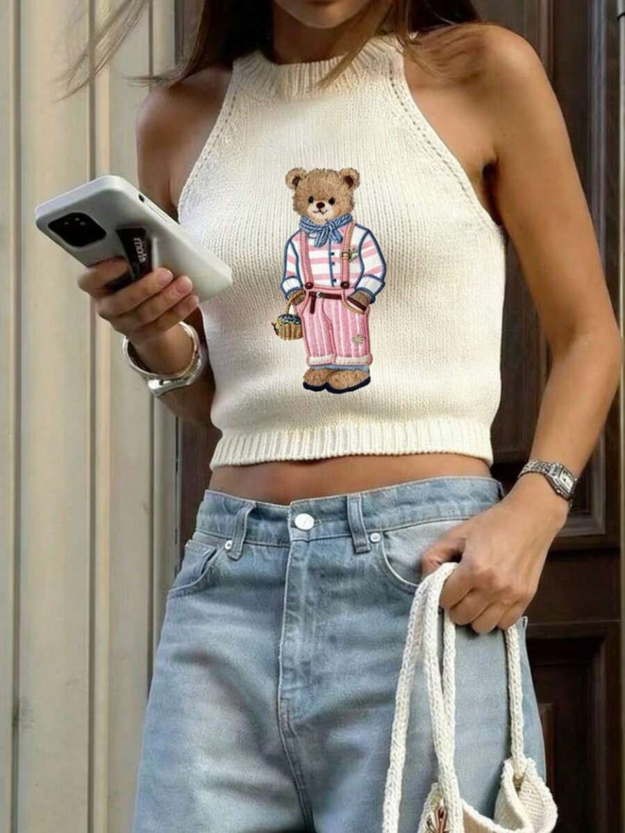 Áo vest cổ yếm dệt kim họa tiết gấu retro | Áo croptop dễ thương cho bé gái - trắng - Xem 1