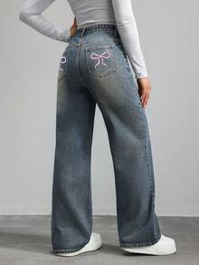 Teen GirlButterfly Embroidered Washed Wide Leg Jeans, Versatile For Daily Wear Or School - Medium Wash - View 4