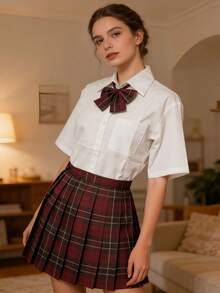 1pc Academic Style Loose All-Match JK Uniform Set, Including White Short Sleeve Top + Tie + Pleated Skirt, Suitable For School, Campus, Romantic Dates Spring - White - View 2