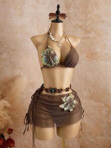 Bellisia 3pcs Textured Fabric Floral Print Bikini Set, Swimwear With Skirt, Spring/Summer Beach Vacation Beach Skirt Set Bikini Skirt Set Brown Two Pieces Set Women Brown Bikini Set Skirt Swimwear Set - 棕色 - 查看 4