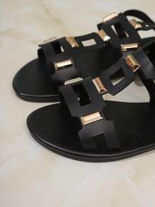 Mẫu sandal mùa hè mới về: Cao cổ, buộc dây, thiết kế rỗng mũi, đính đinh tán, quai gót mềm mại, thời trang và thanh lịch kiểu La Mã. - màu đen - Xem 6