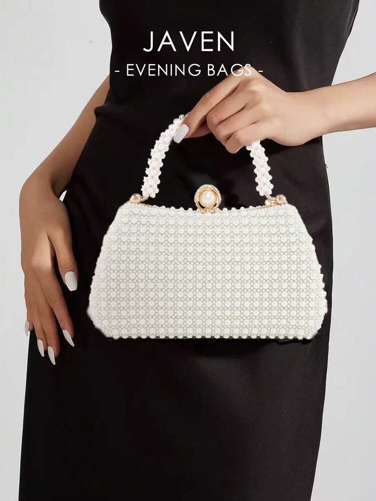 1pc Elegant Romantic Solid Color Pearl Beaded Unique Shape Handbag, Suitable For Party, Wedding, Gathering - Beige - View 1