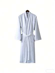 1pc Waffle Weave Solid Color Shawl Collar Bathrobe, Loungewear Robe, Soft Absorbent Cotton For Bathroom, Bedroom, Pool - White - View 2