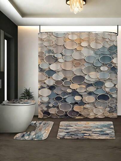 1/3/4件套鹅卵石纹理现代简约浴室套装，清新舒适，充满夏日气息，家居装饰，浴室帘，浴室套装，浴室配件，包含浴帘，浴室帘套装。多种尺寸浴帘及配套套装可选，耐用防霉涤纶面料，装饰性浴室组合，包含浴帘、U型马桶垫、防滑浴垫、马桶盖和12个浴帘挂钩，适合作为母亲节礼物或开学季礼物。