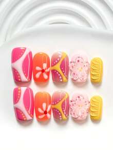 10er Set handgefertigte Nagelkunst im bunten Patchwork-Stil, inklusive Gel-Nägel, handgeschnitzte Fünfblatt-Blumen, Streifen- und Polka-Dot-Nageldekorationen, orangefarbener, rosa und gelber Nagellack, exquisiter Modestil, mit Nagelkunst-Werkzeugen (1 Stück Jelly-Aufkleber + 1 Stück Nagelfeile). 3 Größen erhältlich: quadratische Nägel, kurze quadratische Nägel, Mandel-Nägel. Geeignet für Partys, tägliches Tragen, Partys, Fotografie, Frühling/Sommer-Pendeln und andere Anlässe. - Verschiedenfarbig - Übersicht 15