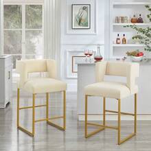 Sillas de bar modernas de altura de mostrador con respaldo cuadrado abierto único, juego de 2 sillas de bar versátiles con patas de hierro resistentes, sillas de altura de mostrador de 26" para islas de cocina, color crema/dorado. - color topo + terciopelo + espuma - Ver 3