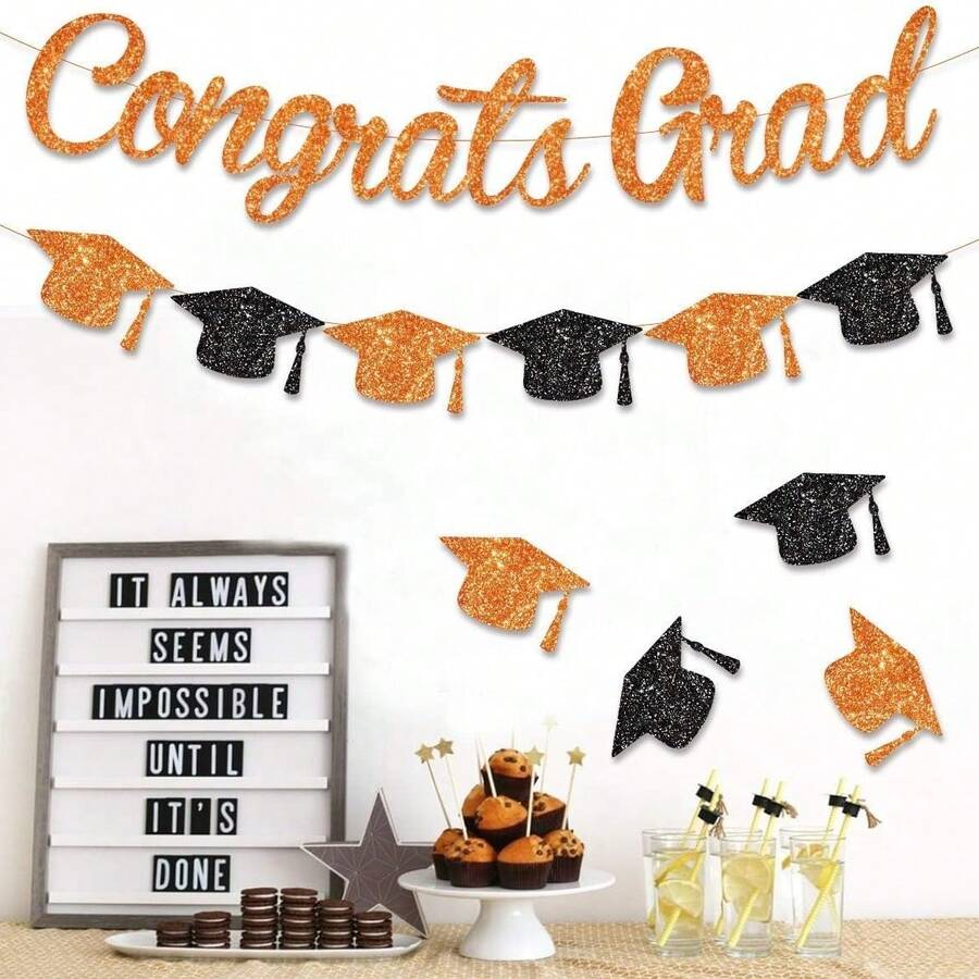 1set Congratulations Banner Graduation Decorations Set With Mortarboard Accents, Graduation Bunting, Grad Cap Decor For Graduation Celebration, Ceremony Backdrop, Wall Hanging, Photo Booth Props, Multiple Colors Available