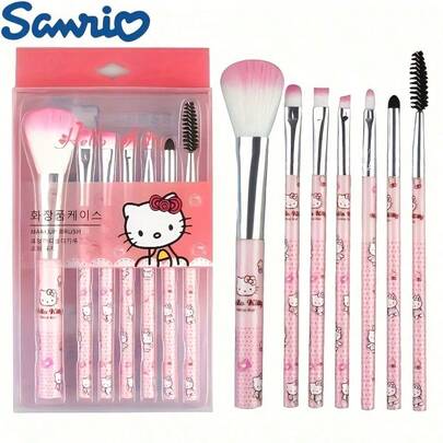  Bộ cọ trang điểm Hello Kitty 7 món chính hãng của Sanrio, cọ trang điểm màu hồng dễ thương dùng cho má hồng, lông mày, môi và phấn mắt, kèm hộp đựng, món quà hoàn hảo.