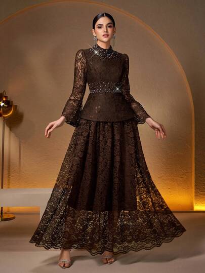 Women's Elegant Long Sleeve Lace Dress With Faux Two-Piece Design, Stand Collar, Pearl & Rhinestone Details, Suitable For Daily Wear, Dates, Casual Occasions, Solid Color Elegant Spring