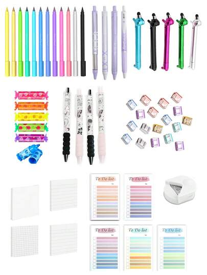 Bộ văn phòng phẩm được thiết kế đẹp mắt gồm 61 món, với nhiều loại dụng cụ viết đầy màu sắc, hoàn hảo cho nhu cầu cơ bản trong mùa tựu trường để viết và vẽ. Bộ văn phòng phẩm dễ thương / Văn phòng phẩm dành cho nữ sinh / Đồ dùng học tập. Bàn học kiểu đại học / Dụng cụ học tập và lập kế hoạch / 61 món / Bộ. Bút chì màu, bút bi màu và bút bi bấm. Đây là một bộ văn phòng phẩm lý tưởng, bao gồm cả giấy ghi chú.