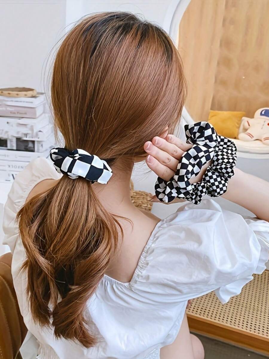 3pcs Women's Minimalist Plaid Hair Scrunchies Set, Suitable For Daily Wear In Spring And Summer - Black and White - View 1
