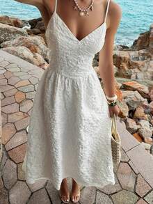 女士春夏法式优雅提花V领吊带A字中长连衣裙，白色，适合度假、婚礼宾客穿着 - 白色 - 查看 5
