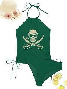 Women'S Tankini Swimwear Featuring A Pirate Skull And Crossbones Design, Perfect For Halloween And Rave Parties. This Elegant Bathing Suit Is Ideal For Beach Outings, Pool Gatherings, And Water, Showcasing A Cute Style, Durable Fabric - 綠色 - 查看 6