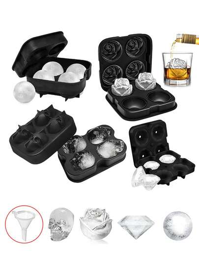 1pc 4-Cavity Silicone Ice Cube Tray Mold, Skull, Rose, Diamond Ice Cube Maker For Whiskey