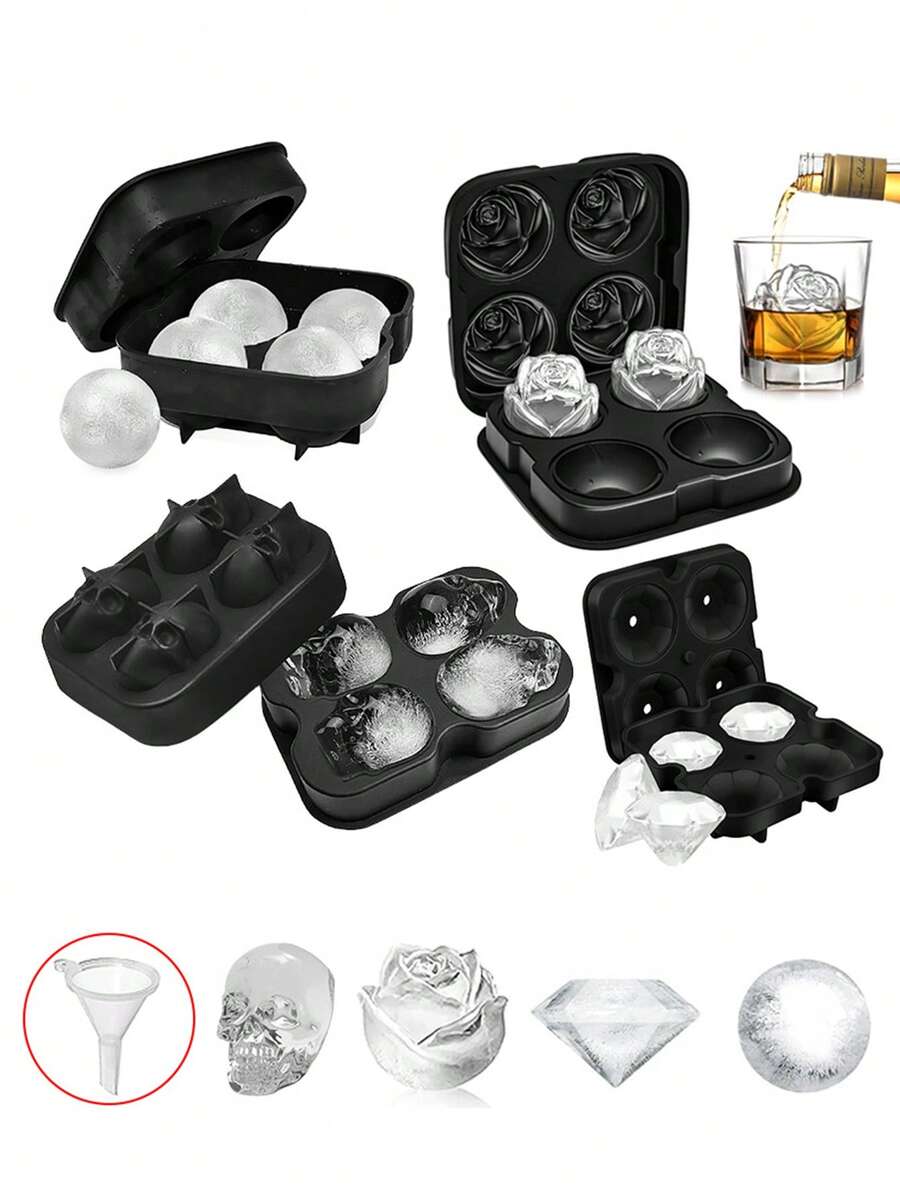 1 pièce Moule à glaçons en silicone 4 cavités, glaçons en forme de crâne, rose, diamant pour whisky - Noir - Voir 1