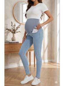 Women's Maternity Jeans Over Belly Skinny Stretchy Denim Pants Comfy Slim Pregnancy Pants - 淺藍色 - 查看 1