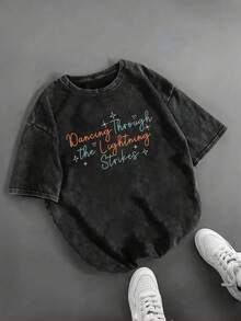 Camiseta estampada de cuello redondo y manga corta, de diseño retro informal, ideal para el día a día. - Negro - Ver 1