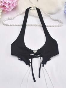 Going Out Tops For Women Sleeveless Off Shoulder Tie Back Rhinestone Fringe Tassel Crop Top - Black - View 9