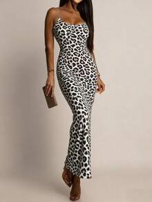 2026 New Arrival Leopard Print Elegant Sexy Knit Fabric Backless Spaghetti Strap Bodycon Midi Dress, Graceful Socialite Style For Beach, Vacation, Evening Date In Summer Party - Black and Gold - View 1