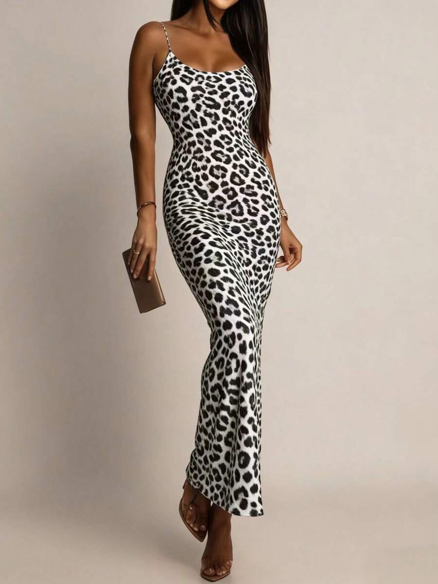 2026 New Arrival Leopard Print Elegant Sexy Knit Fabric Backless Spaghetti Strap Bodycon Midi Dress, Graceful Socialite Style For Beach, Vacation, Evening Date In Summer Party - Black and Gold - View 1