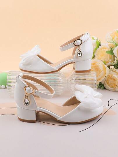 Flower Girl Shoes For Wedding, Party, Holiday, Suitable For Toddler, Little And Big Girls, Classic Comfortable Versatile White Bow Tie Shoes With Rhinestones, Suitable For Dresses, Performances, Ballet, Princess Shoes, Peep Toe Heels, Elegant Summer