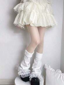 1 Pair Women's Pink Lolita Bow Lace Trim Cable Knit Leg Warmers Christmas Gift - 白色 2 - 查看 2