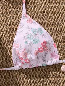 两件套女士碎花比基尼套装 - 三角吊带贝壳吊坠泳衣上装，高腰丁字裤泳裤，可爱夏季海滩度假泳装 - 粉色 - 查看 4