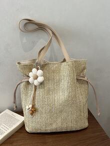 Túi đeo vai dáng xô đứng bằng rơm mới, kiểu dáng đi biển dành cho nữ. - Màu Khaki - Xem 9