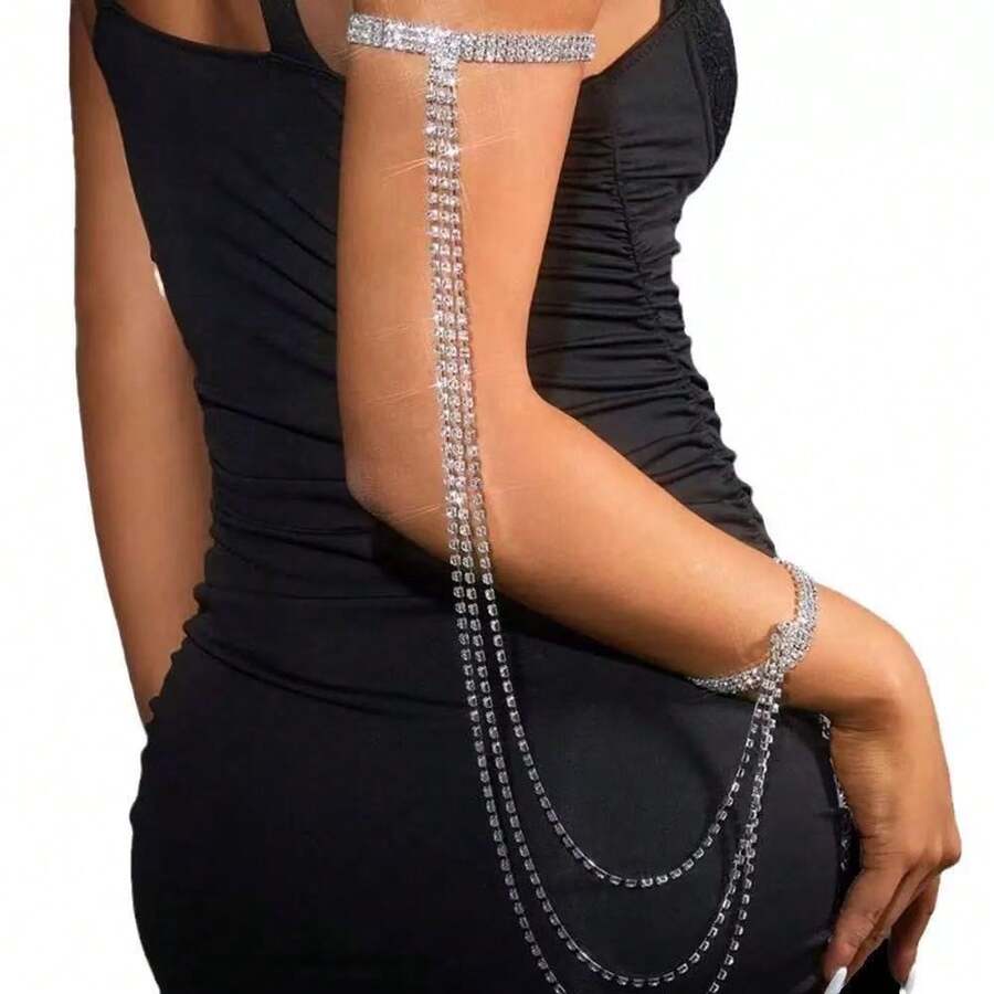 1条50厘米水晶水钻链手链，新娘首饰 - 銀色 - 查看 1