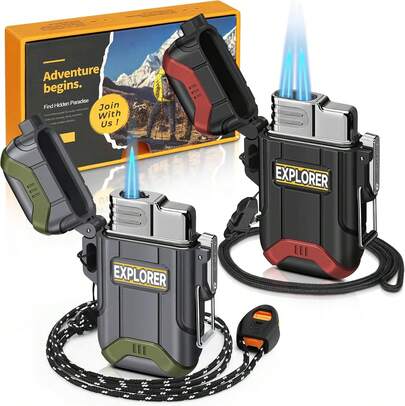2PCS Windproof Torch Lighter, Outdoor Single & Dual Jet Flame Lighter, Waterproof Storm Lighters Multipack For Camping, Fishing, Emergency (NO Gas)
