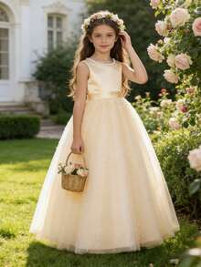 Elegante vestido de niña de las flores color champán con moño de perlas, vestido formal largo para boda, baile de graduación, princesa, fiesta de cumpleaños, Pascua, vacaciones - Champán - Ver 3