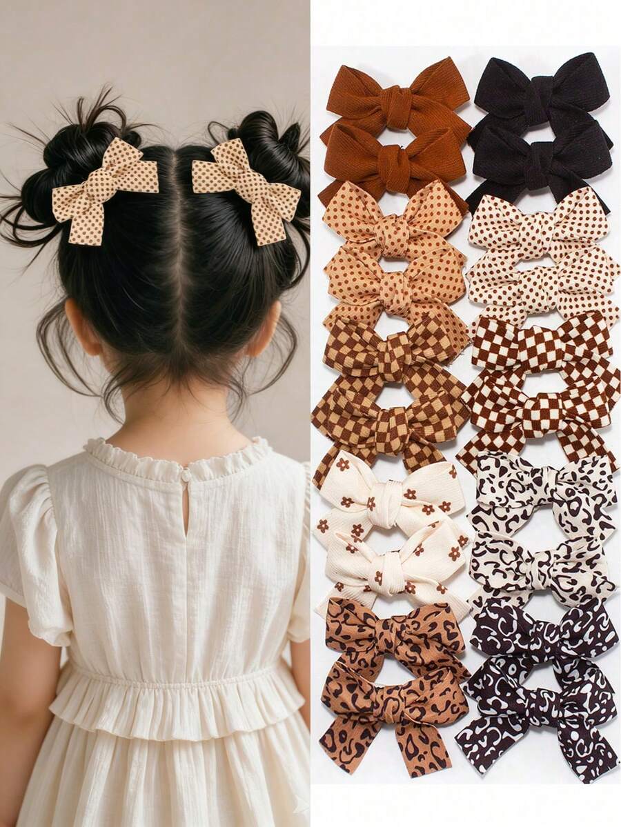 8个随机颜色美拉德印花蝴蝶结、格子、波点发夹，优雅别致的女孩发饰，适合日常佩戴和派对，秋冬季 - 彩色 - 查看 1
