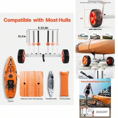 Kayak Cart, 230 Lbs Load Capacity, Canoe Cart Dolly With 10-Inch Solid PU Tires Kickstand, Assembles Disassembles Within Seconds, Paddle Board Trolley Kayaks, Canoes, Paddleboards