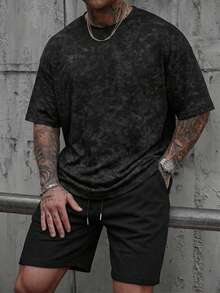 GRDR Men's Summer Solid Color Vintage Washed Short Sleeve T-Shirt And Drawstring Waist Shorts Casual Set - Black - View 3