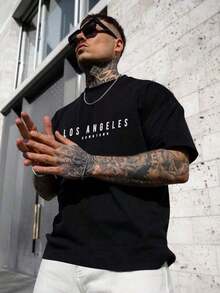 Men's Graphic T-Shirt With Lettering, Emo Style, 2000s - Black - View 2