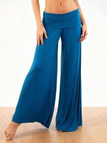 Women's Foldover Waist Pants Ultra Soft  Performance Elastic Mid Rise Wide Leg Casual Lounge Yoga Pants Comfortable Daily Workout Streetwear - Biru - View 3